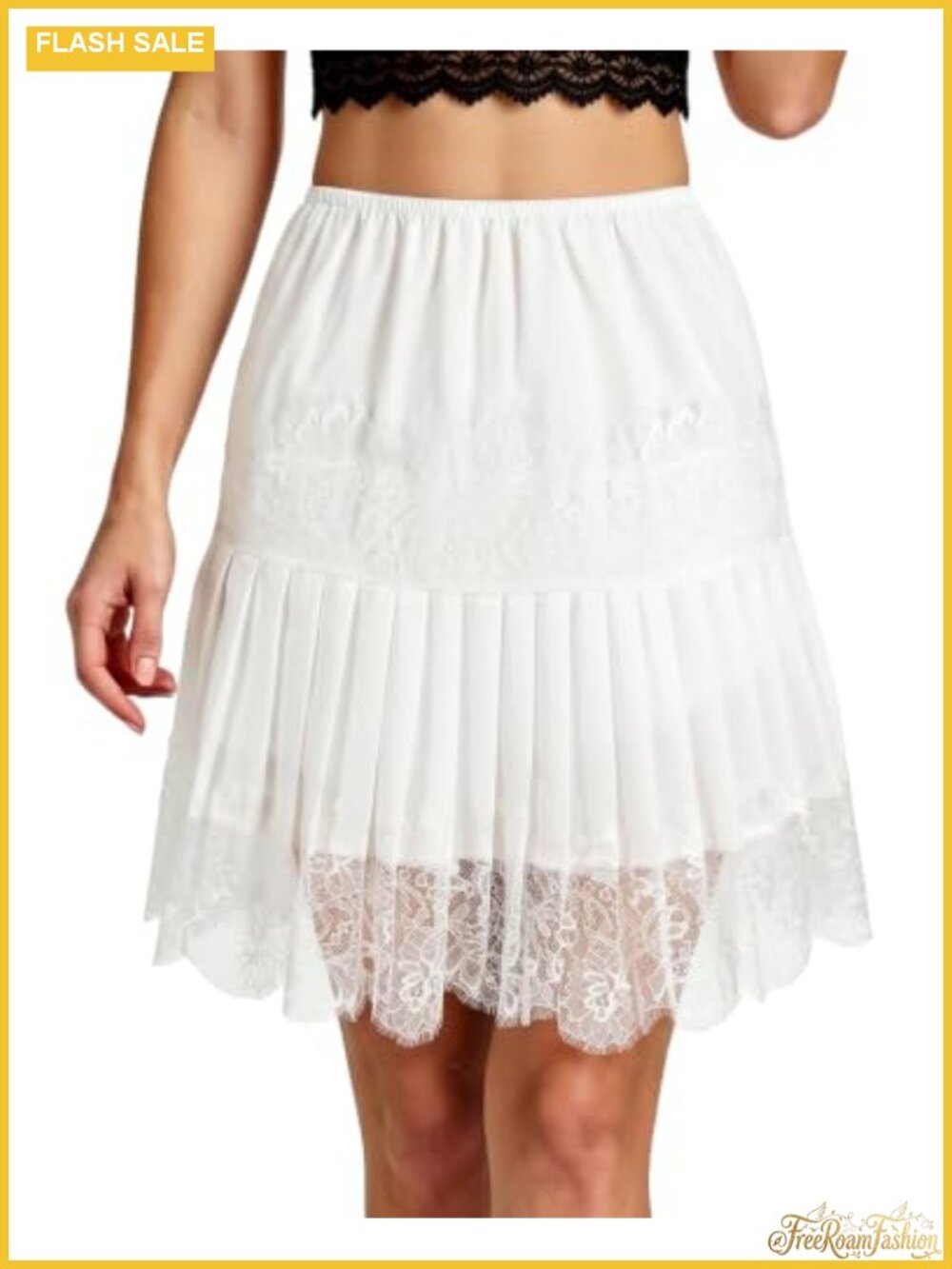Pleated Lace Slip Mini Skirt A-Line with Inner Lining